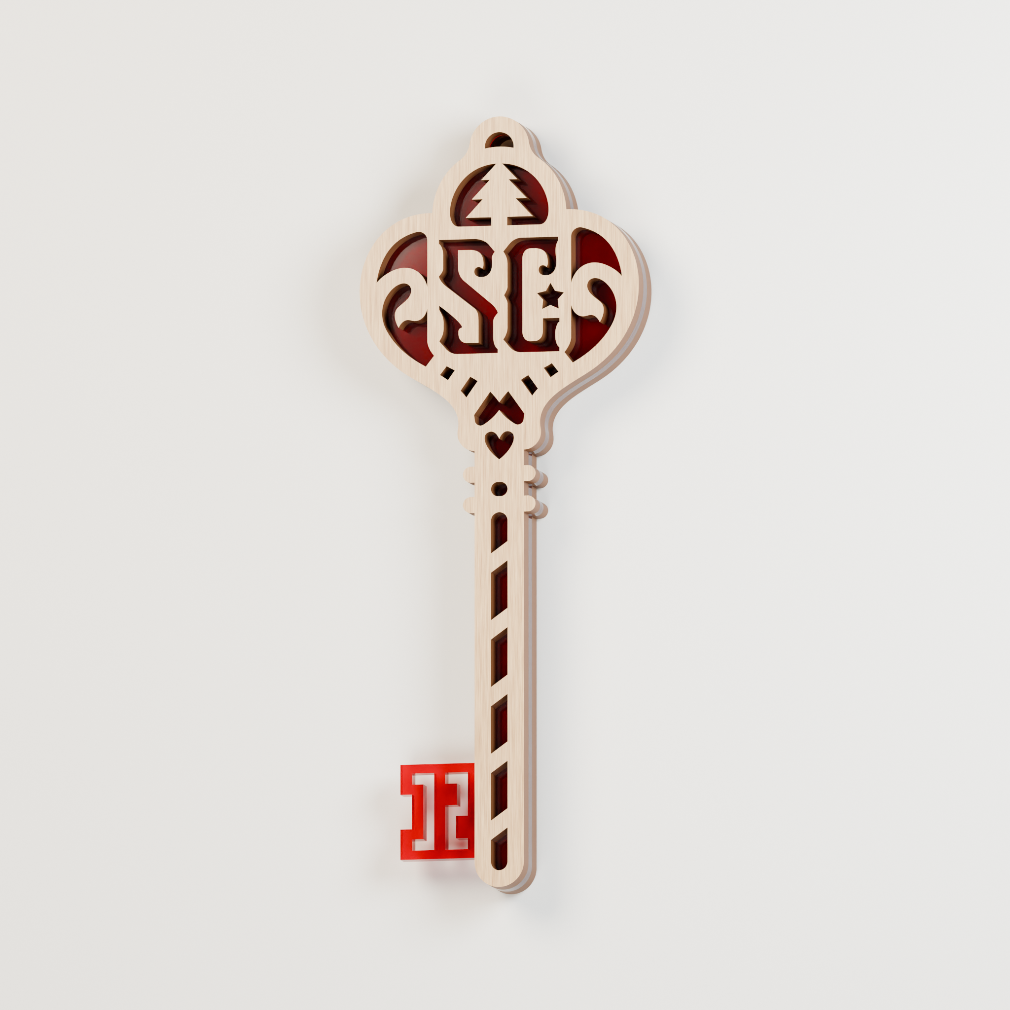 Wood and red acrylic Santa magic key decoration, shown in a studio render